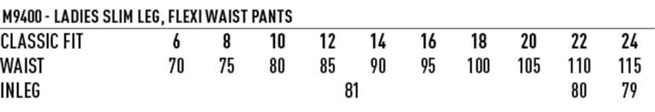 A chart displaying sizing information for Women's Slim Leg Flexi Waist Pants, including waist and inseam measurements.