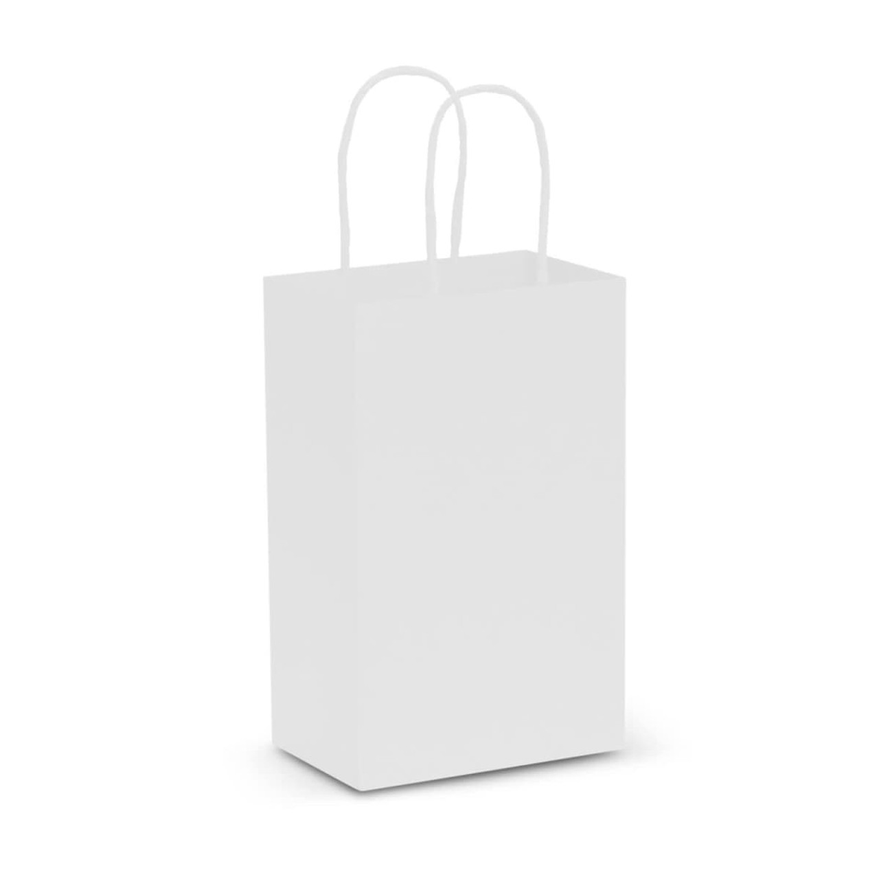 A small white paper carry bag featuring sturdy handles, ideal for gifting or shopping.