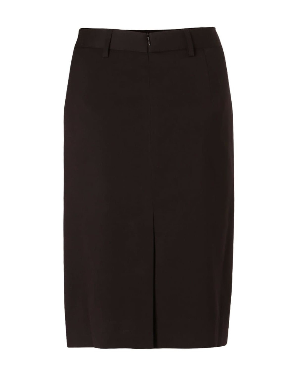 A women's mid-length pencil skirt in black, featuring a lined design and a back zip closure.