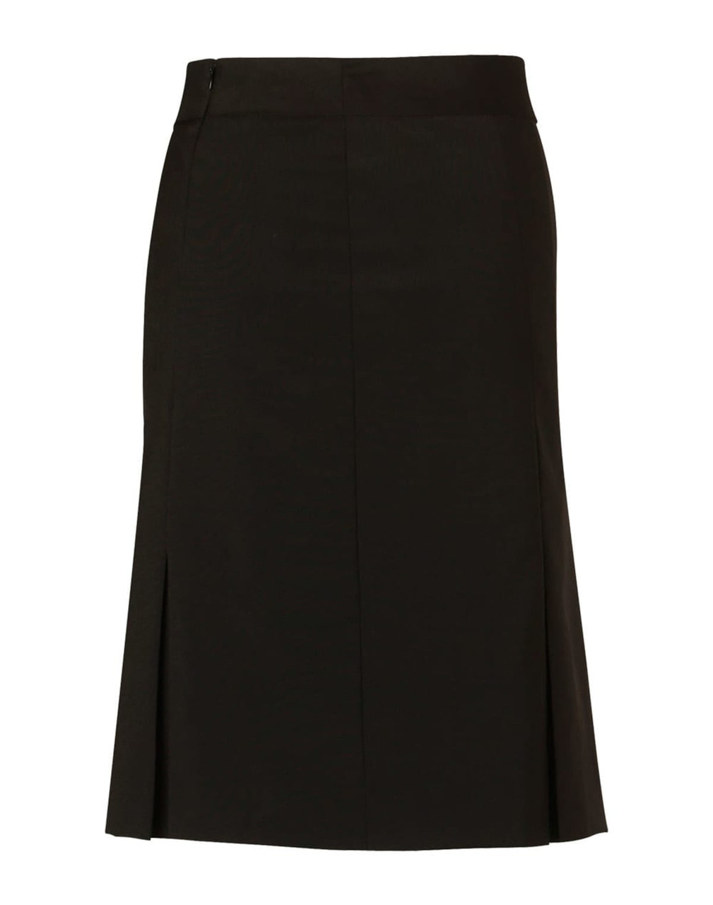 A black women's pleated skirt made from wool stretch fabric, featuring a straight cut and side zip.