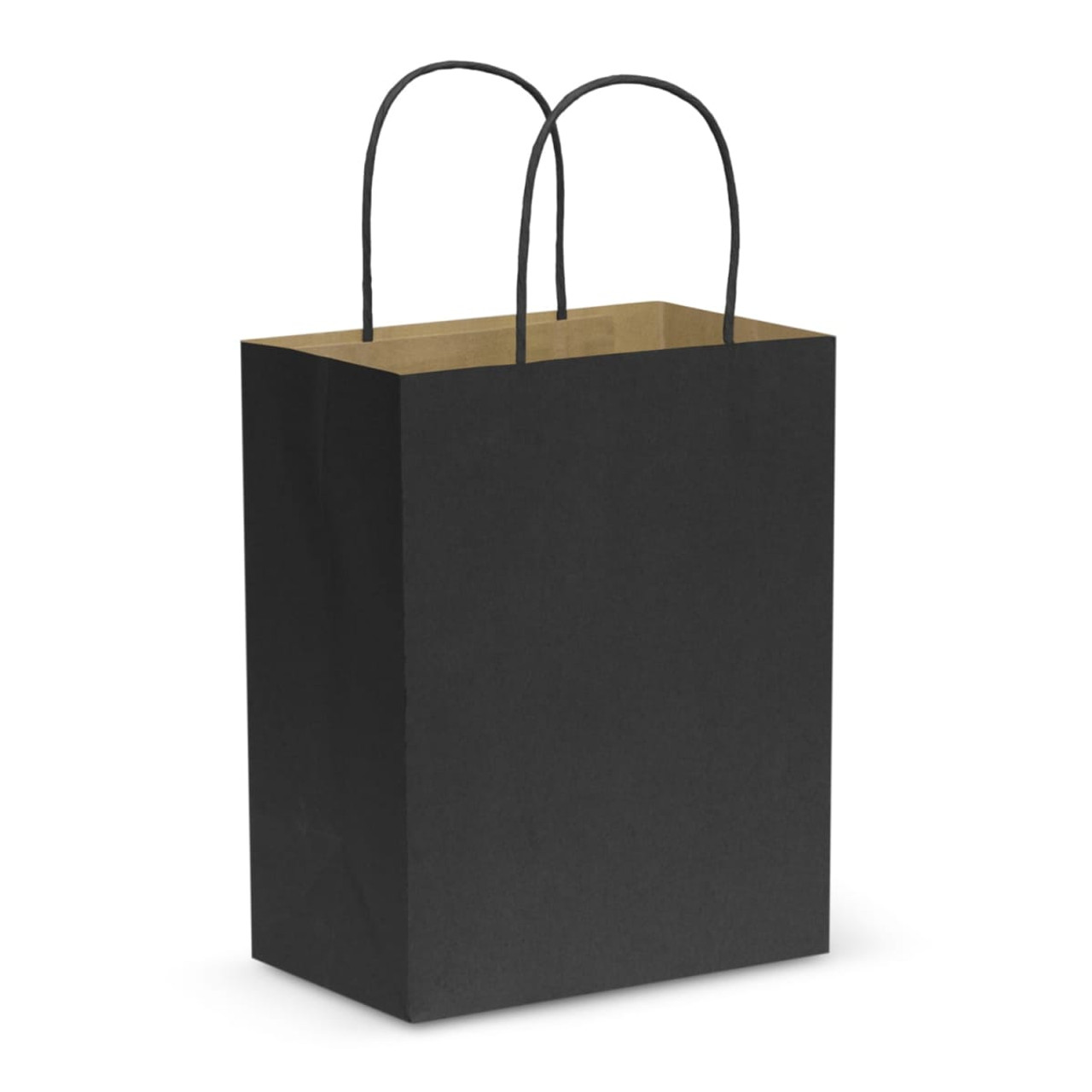 A medium-sized black paper carry bag with black handles and a kraft interior. It features a logo.