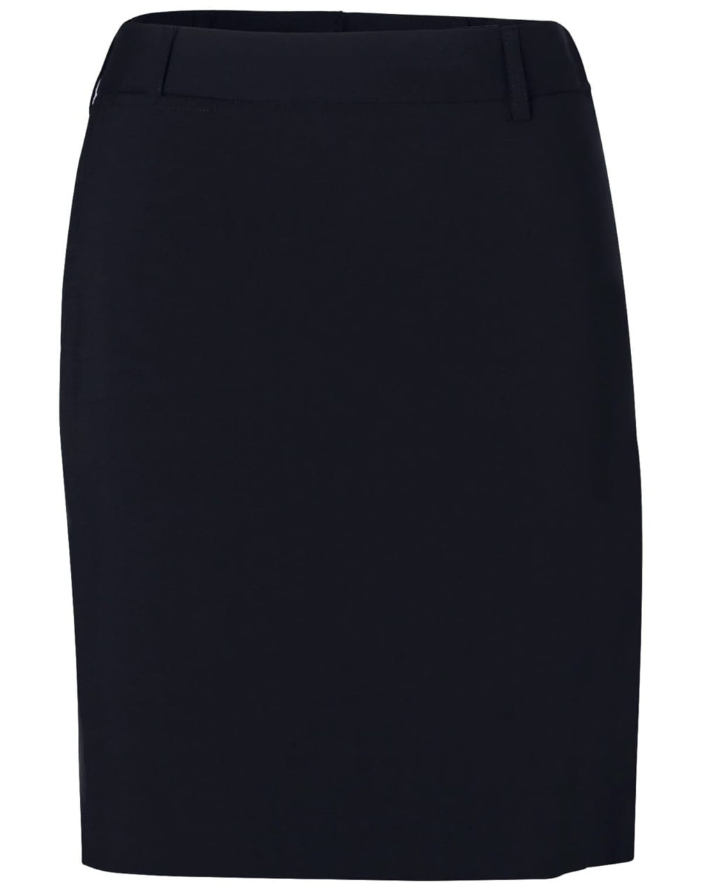 A black ladies' utility skirt with a sleek, tailored design and a waistband. It features a logo on the garment.