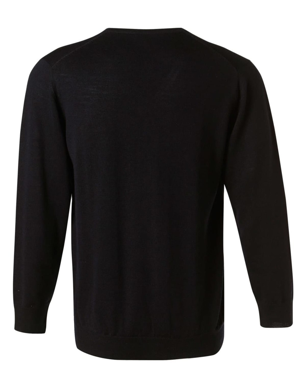 A black men's 100% Merino wool V-neck long sleeve sweater, featuring a simple design and fitted silhouette.