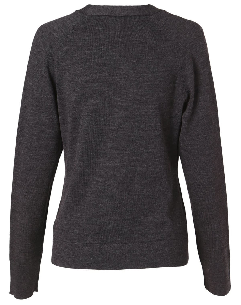 A dark grey women's 100% Merino wool long sleeve cardigan, featuring a simple, sleek design.