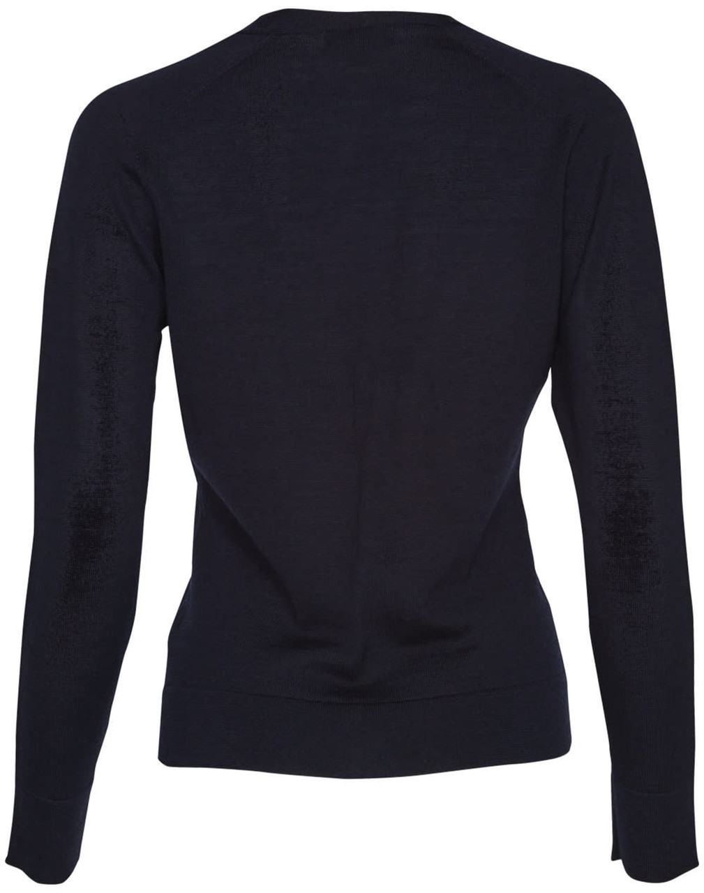 A women's long-sleeve cardigan in dark navy, made from 100% merino wool, featuring ribbed cuffs and hem.