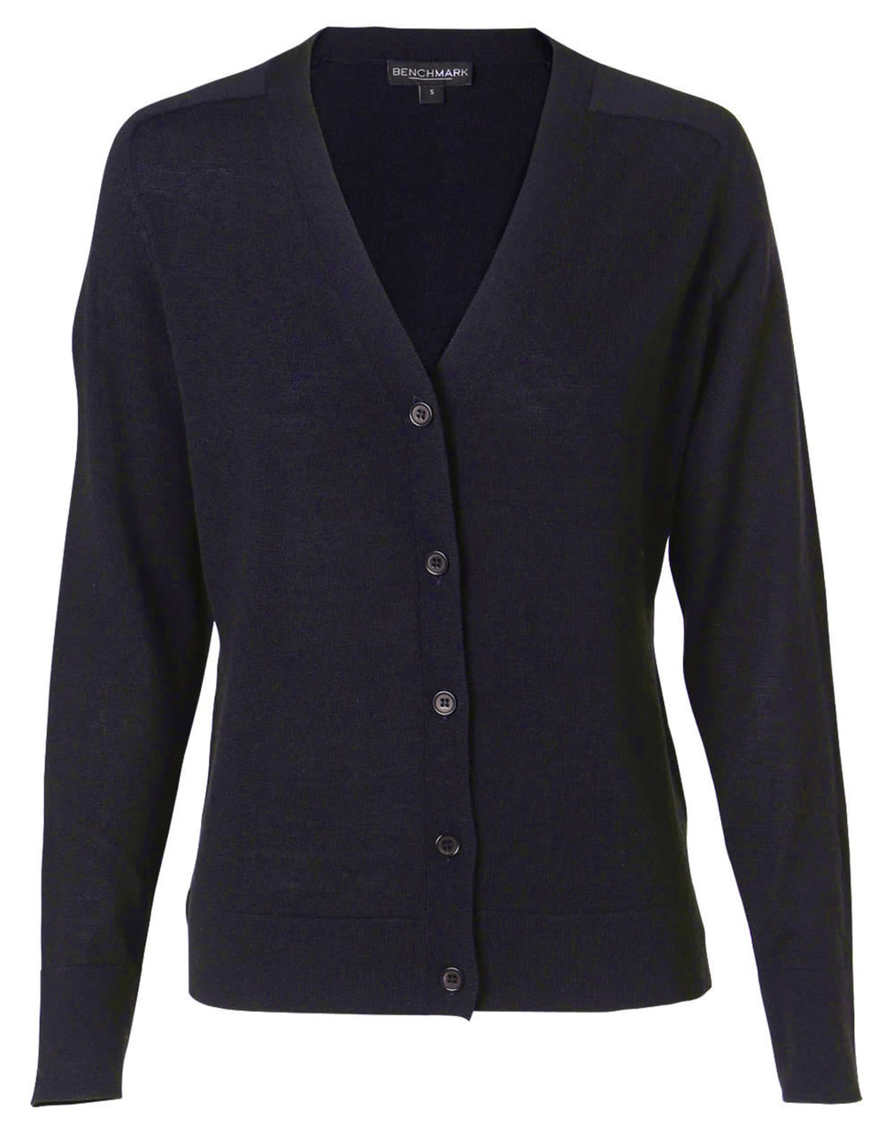 A women's black 100% Merino wool long-sleeve cardigan with a button front and v-neck design. It features a logo.