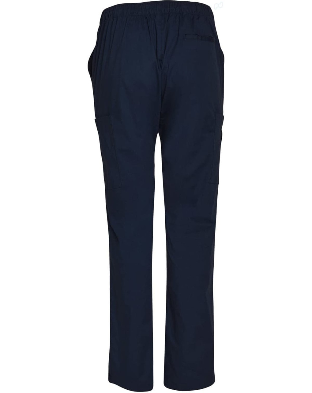 Men's solid navy scrub pants featuring an elastic waist and side pockets. Includes a logo on the back.