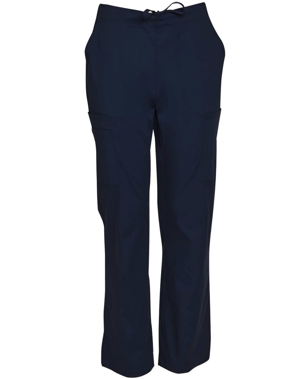 Men's solid colour scrub pants in navy blue with pockets and a drawstring waistband. Features a logo.