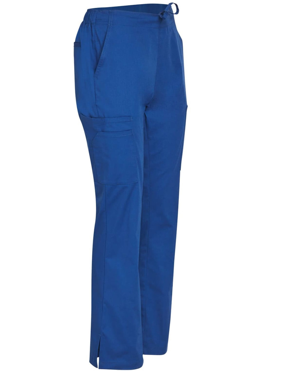Solid blue ladies' scrub pants featuring a drawstring waist and multiple pockets. Includes a logo.