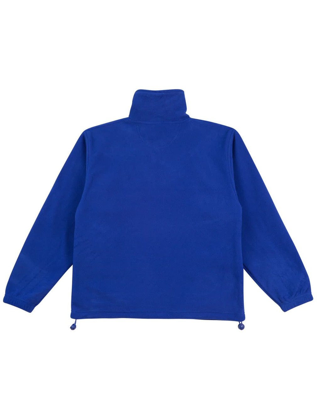 A blue unisex polar fleece jumper with long sleeves and a high collar, featuring a drawstring at the hem.