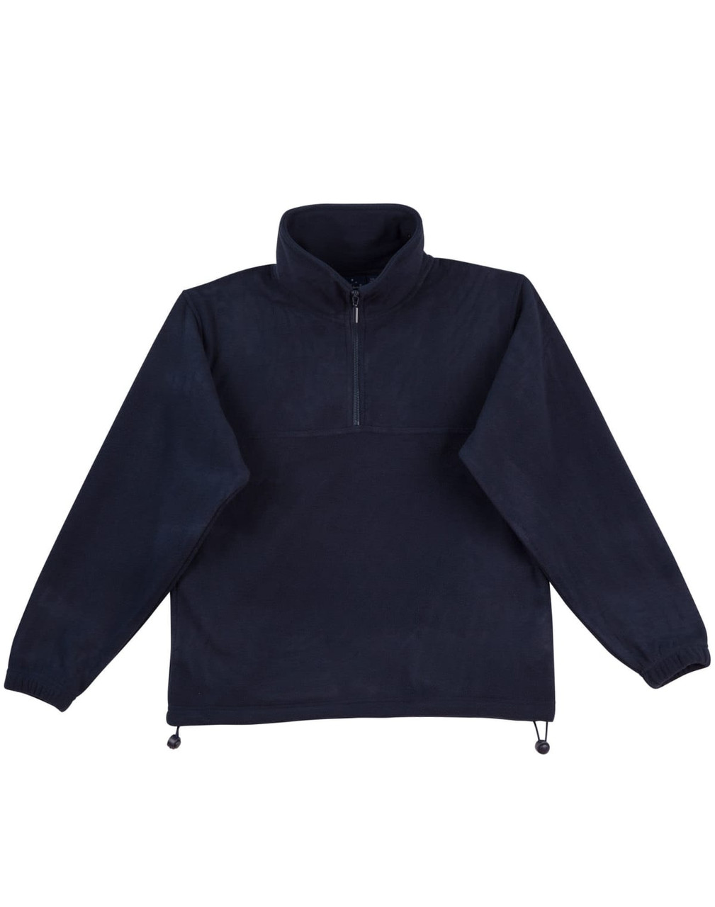 A navy polar fleece pullover for kids with a high collar and a zippered front. It has an adjustable hem with toggles.