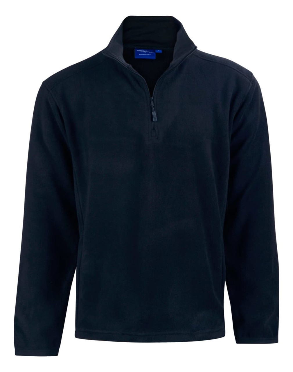 A black half zip polar fleece pullover with long sleeves and a front zip. It features a logo on the chest.