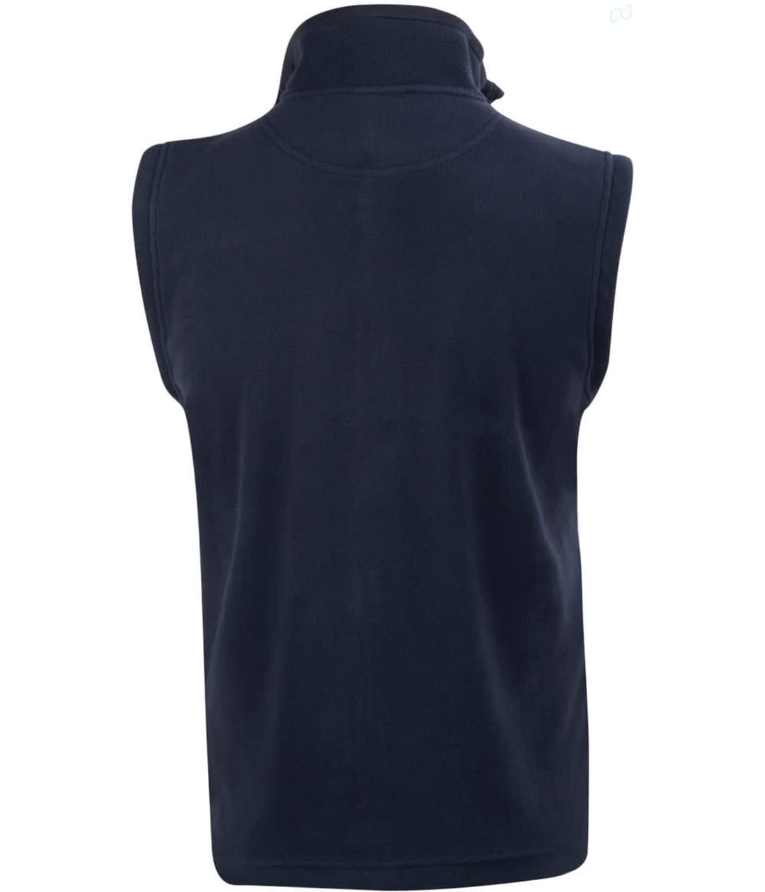 A navy blue adult's polar fleece vest featuring a high collar and sleeveless design. Includes a logo on the back.
