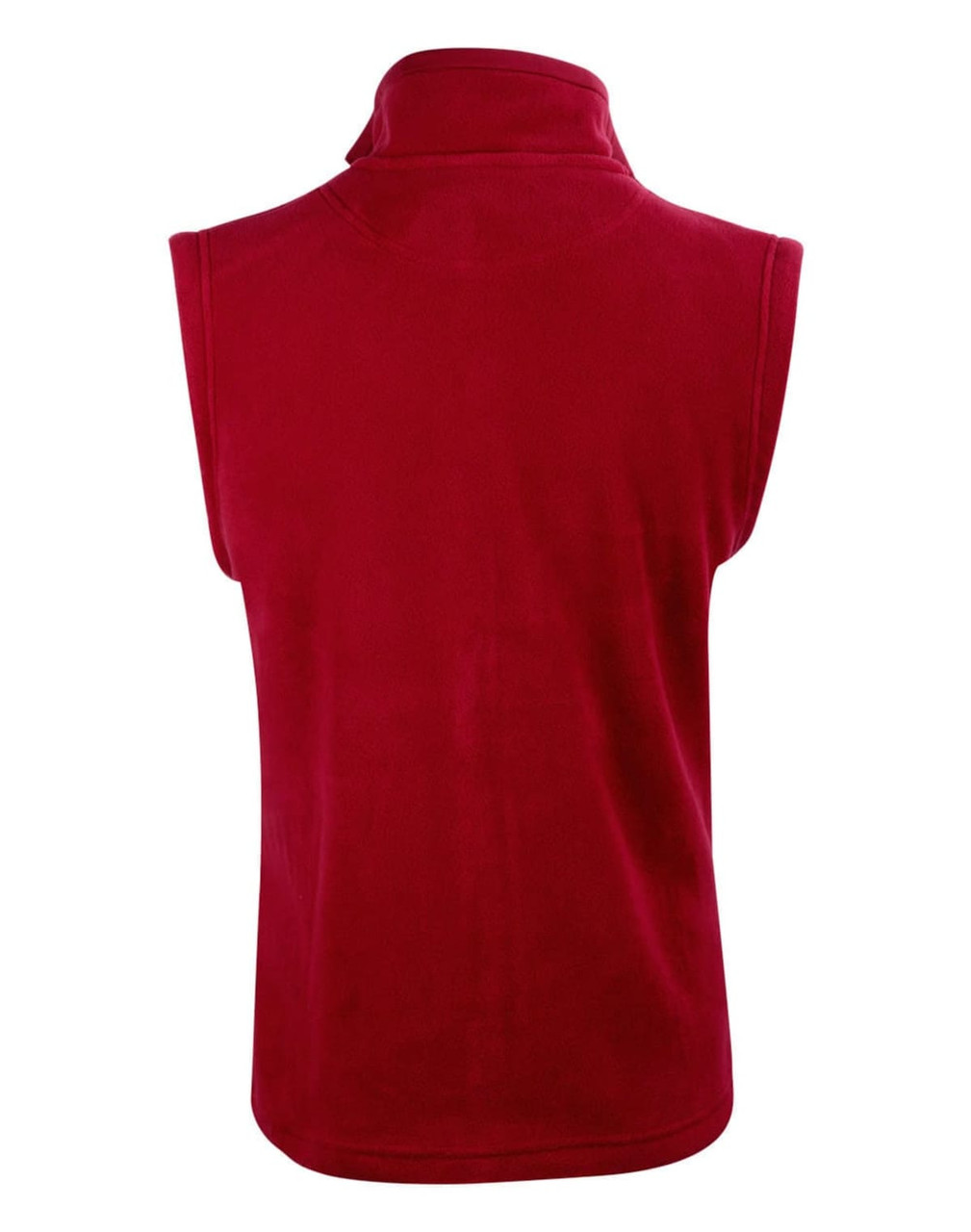A red adult's polar fleece vest with a high collar, featuring an understated design and no sleeves.