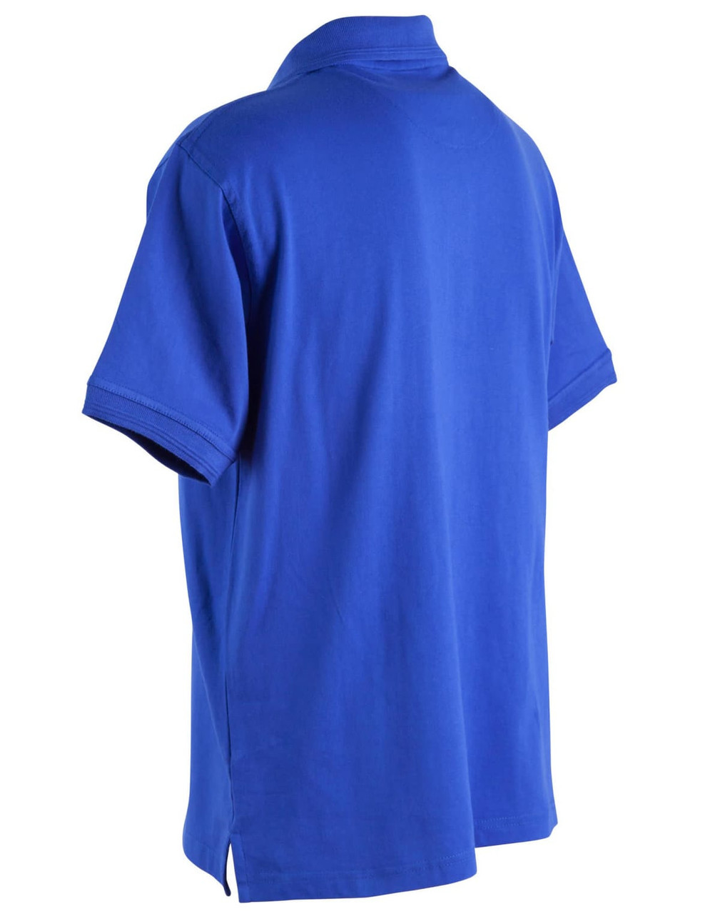 A unisex polo shirt in bright blue, featuring short sleeves and a collar, with branding on the chest.