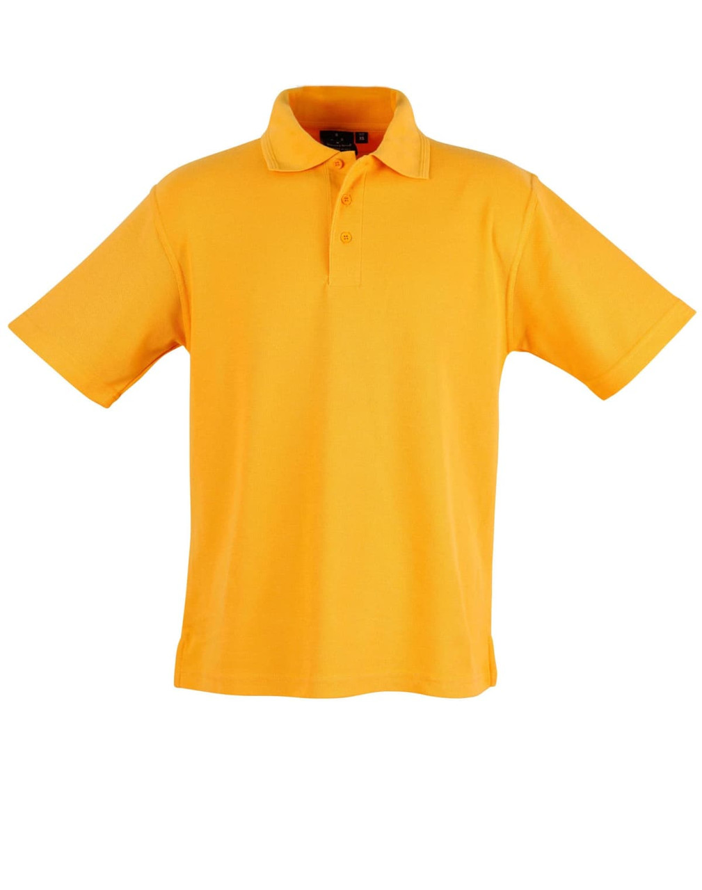 A unisex traditional polo shirt in vibrant yellow with a three-button placket and short sleeves. It features a logo.
