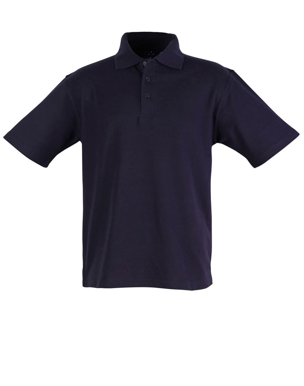 A navy blue children's polo shirt with a collar and short sleeves, featuring three buttons and a logo.