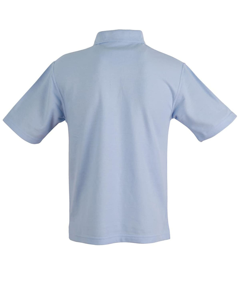 A light blue children's traditional polo shirt with a collar and short sleeves. It has a logo on the back.