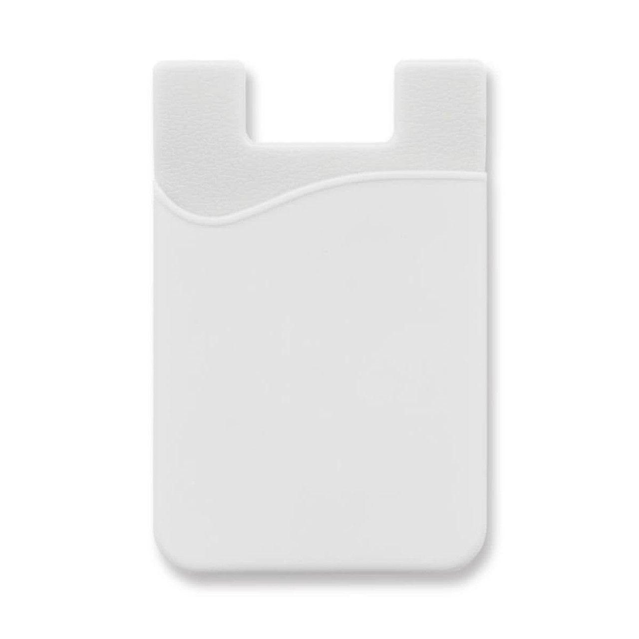 A white silicone phone wallet with a curved design and a slot for cards. It features a subtle logo.