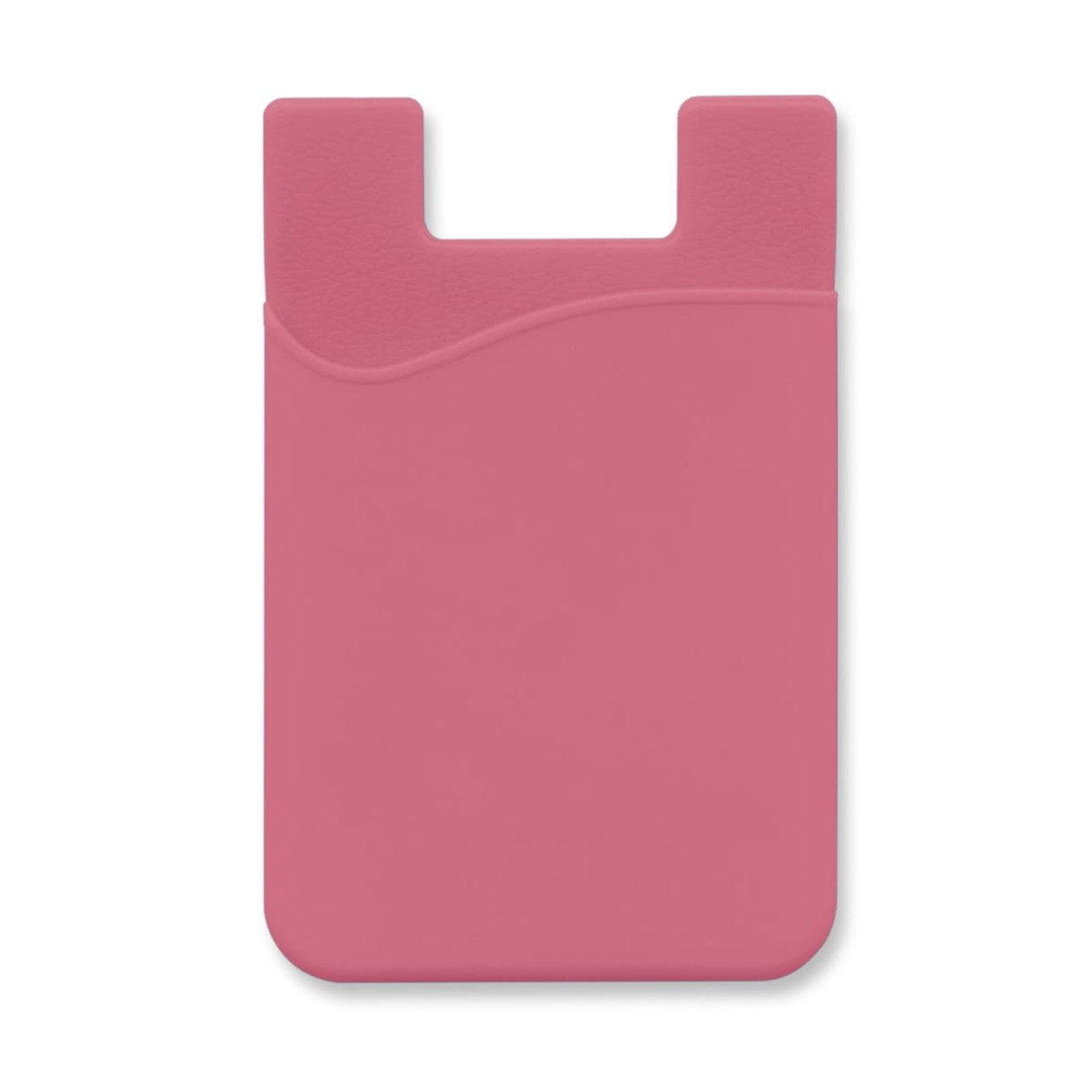 A pink silicone phone wallet featuring a smooth, curved design and a slot for cards.