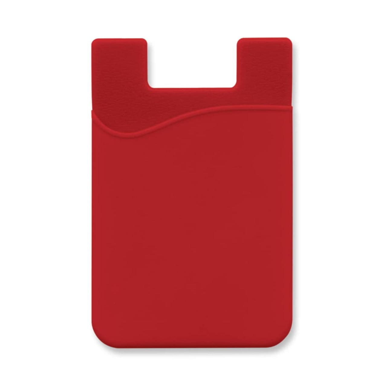 A red silicone phone wallet with a curved top edge and a slot for cards. It features a subtle logo.