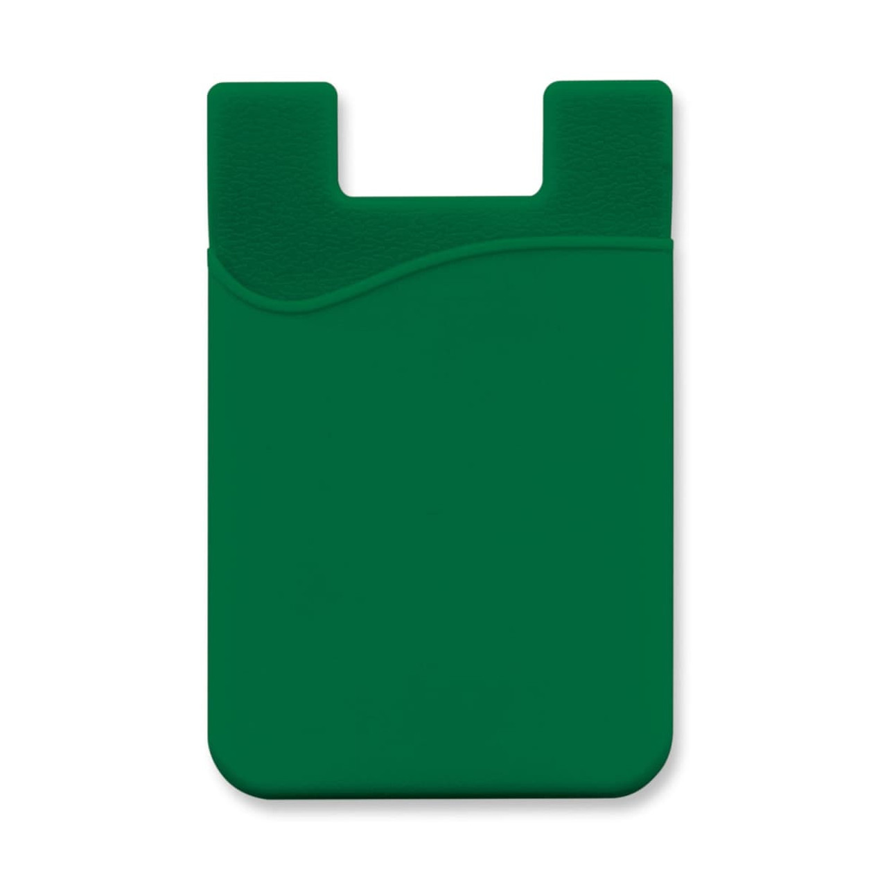 A green silicone phone wallet with a textured surface and a curved top edge, featuring a logo.