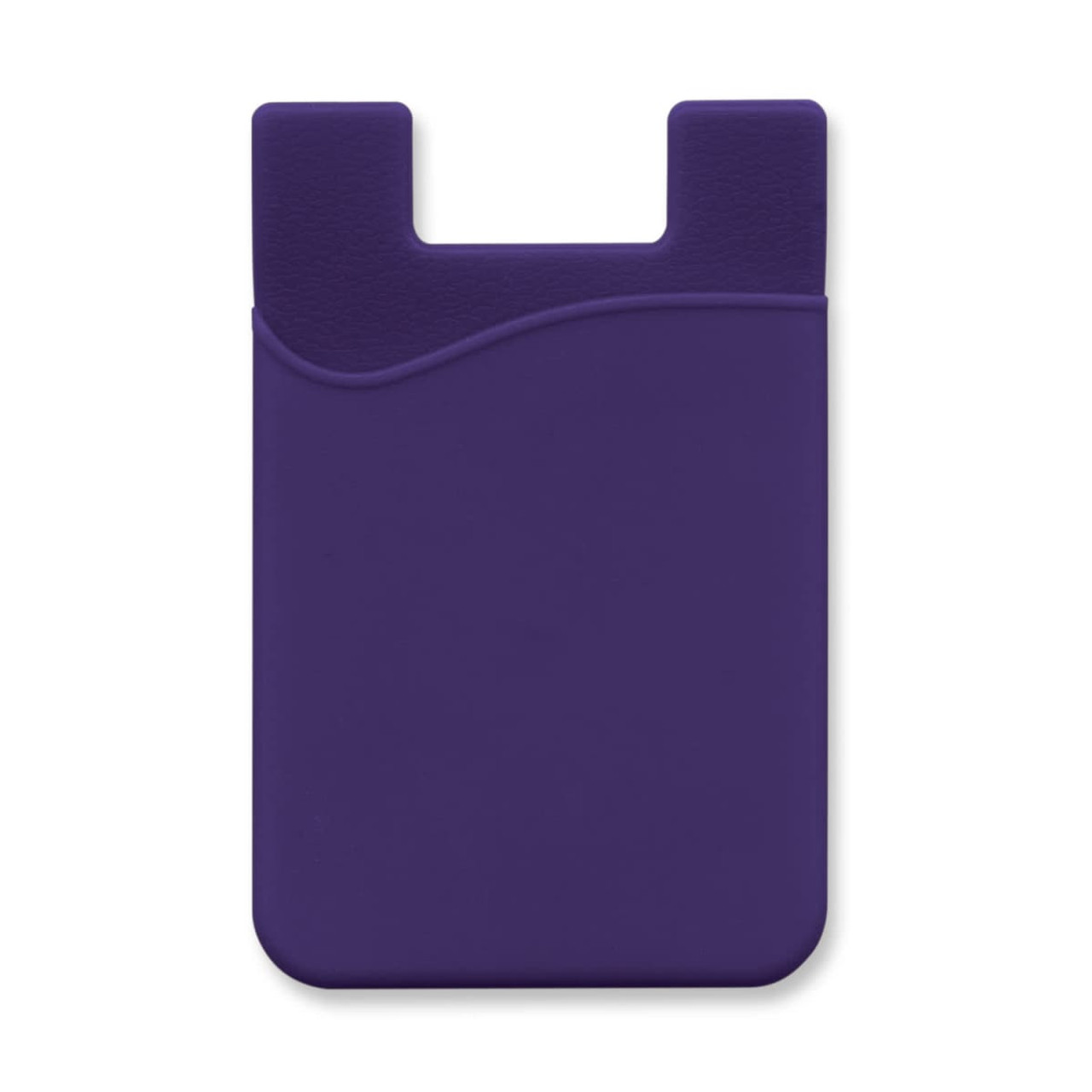 A purple silicone phone wallet with a smooth texture and a curved design, featuring a branding logo.