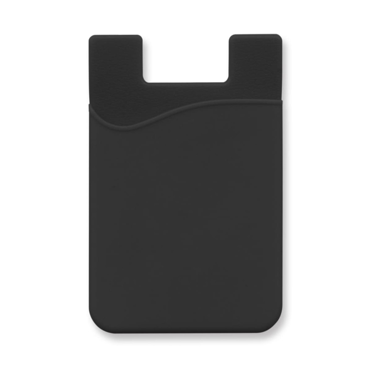 A black silicone phone wallet featuring a curved design and a slot for cards. It includes a logo.