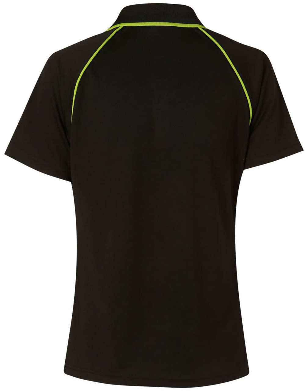 A black ladies cooldry raglan short sleeve polo featuring contrasting green piping and a logo.