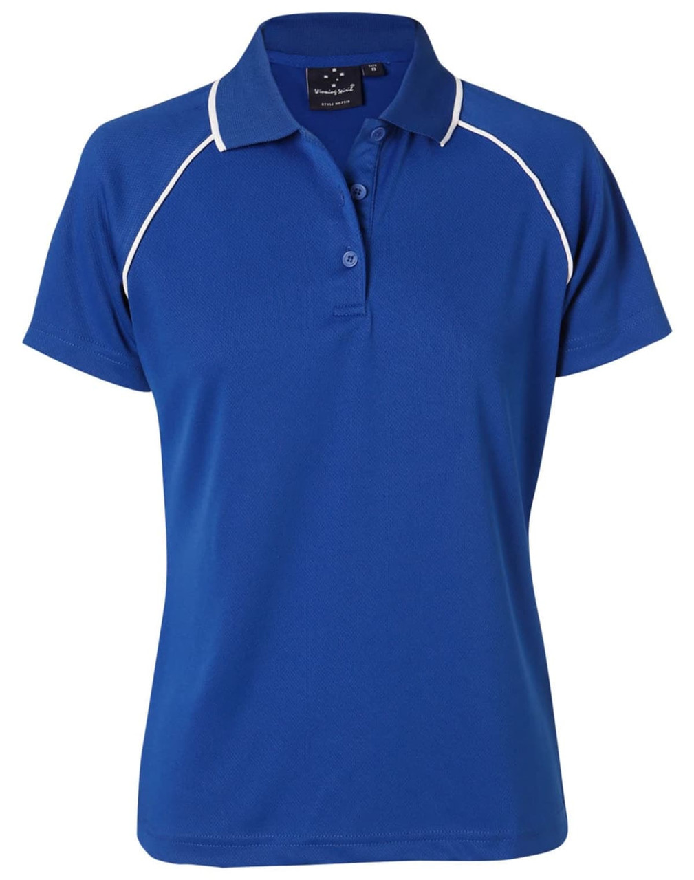 A blue polo shirt for ladies featuring a collar and contrasting white piping. Includes a logo on the label.
