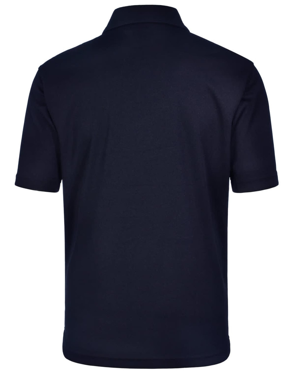 A plain navy blue men's polo shirt featuring a collar and short sleeves, with a logo on the back.