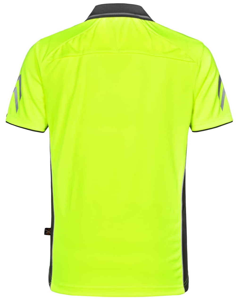 A bright yellow polo shirt with grey accents and a logo. The back features a sleek design.