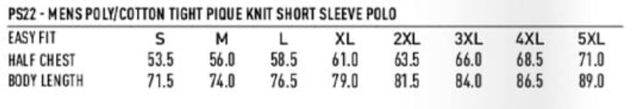 A size chart for a men's polo shirt, detailing measurements for half chest and body length in various sizes.