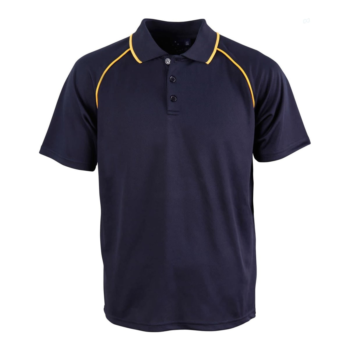 A navy polo shirt with yellow accents and a three-button placket. It features a logo on the chest.