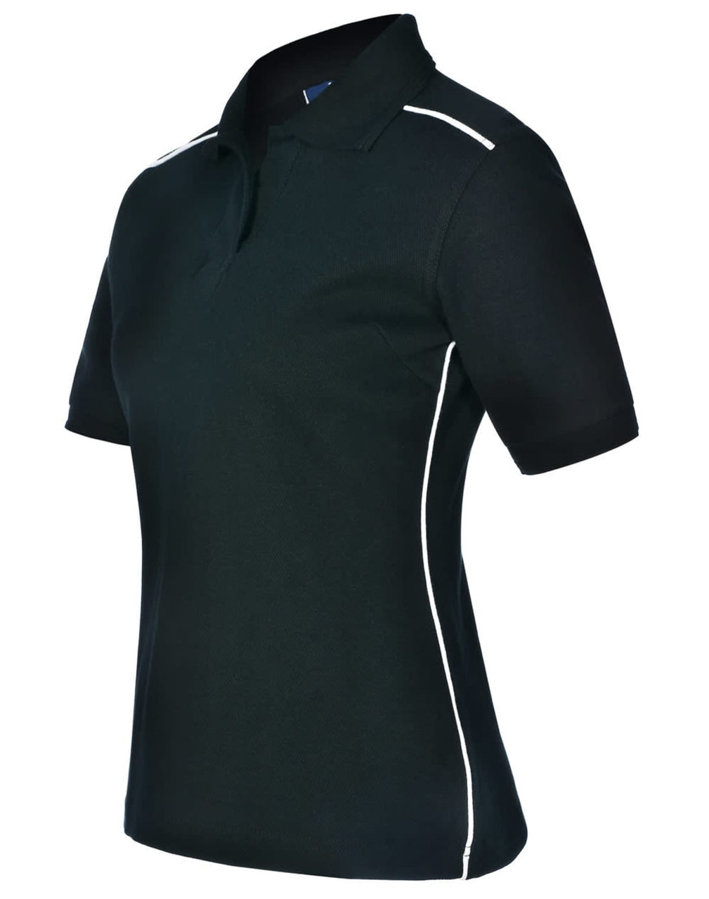 A ladies' polo shirt in black with white contrast piping and a classic collar. It features short sleeves and a logo.