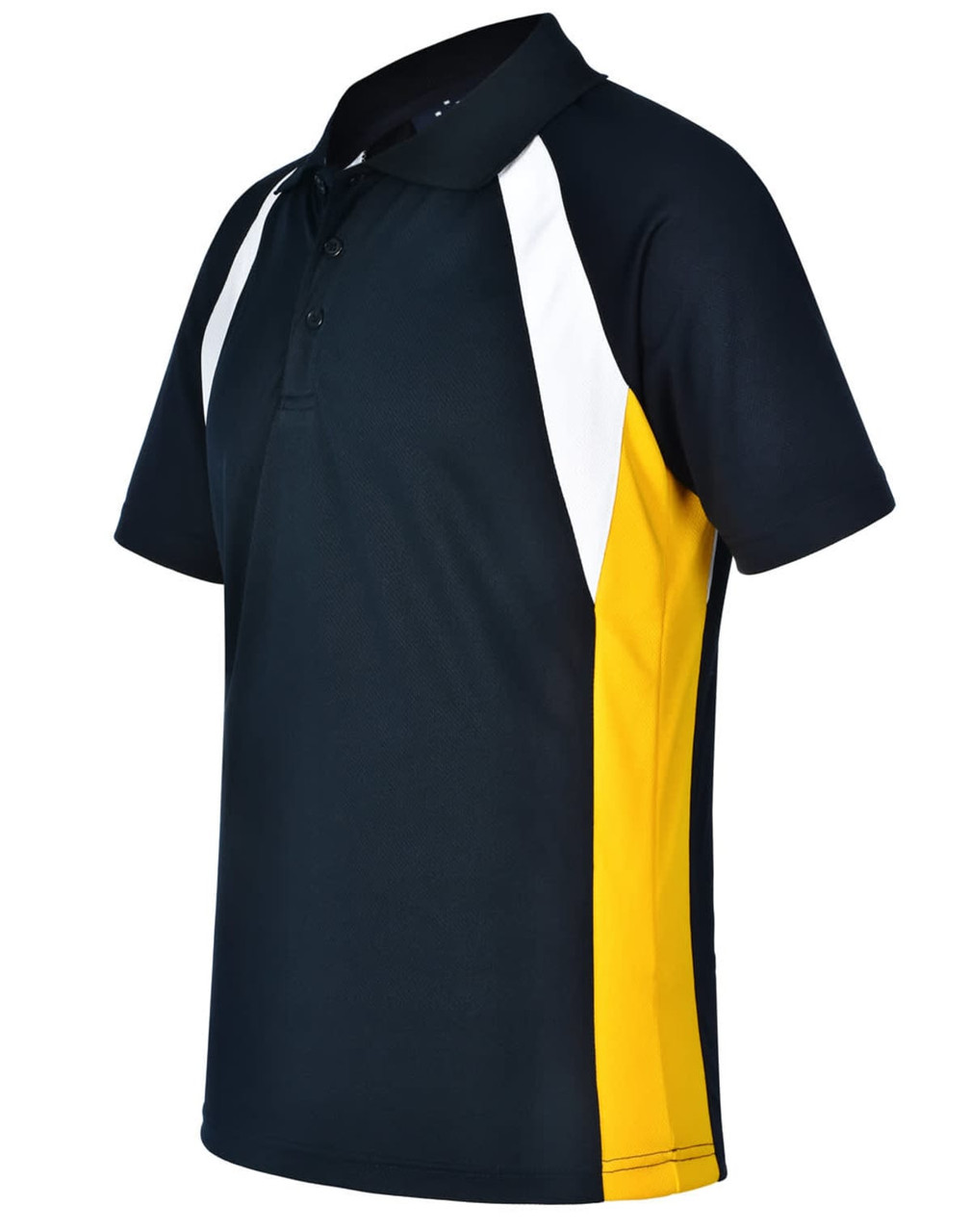 A men's polo shirt featuring a navy body with white and yellow side accents, and a three-button placket.