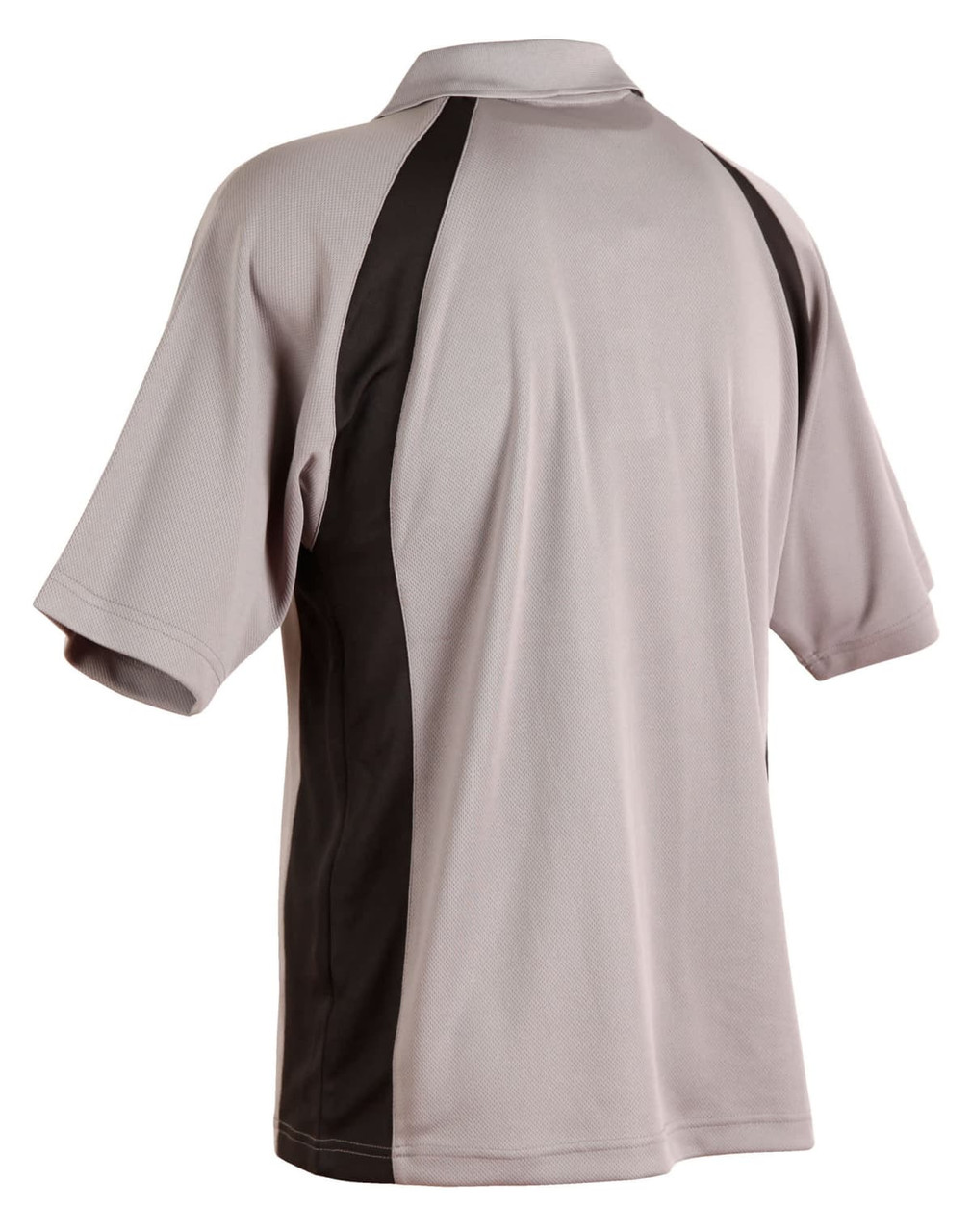 A grey and black men's polo shirt featuring a classic design and a logo.