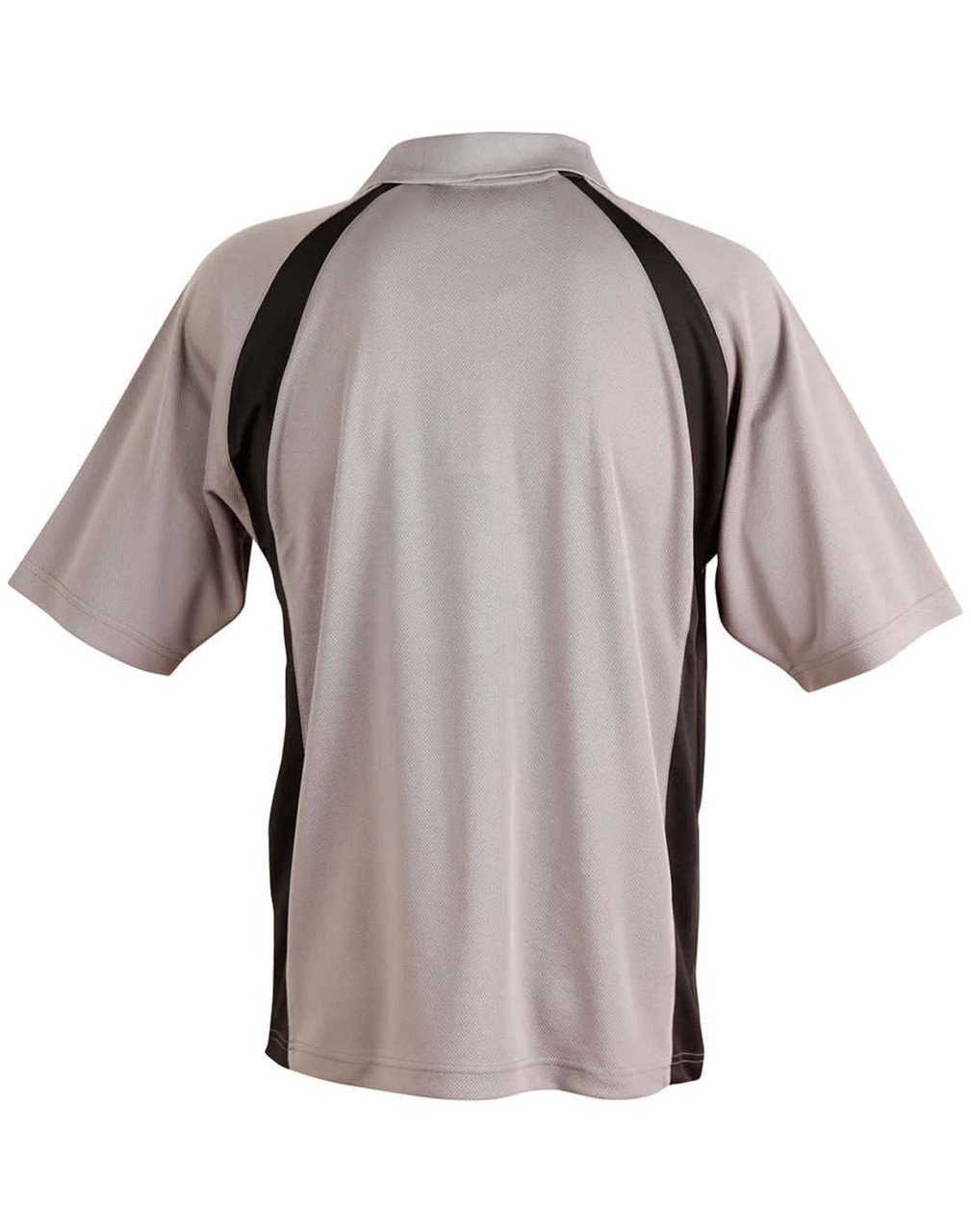 A men's polo shirt in grey with black accents, featuring a collar and short sleeves, and includes a logo.