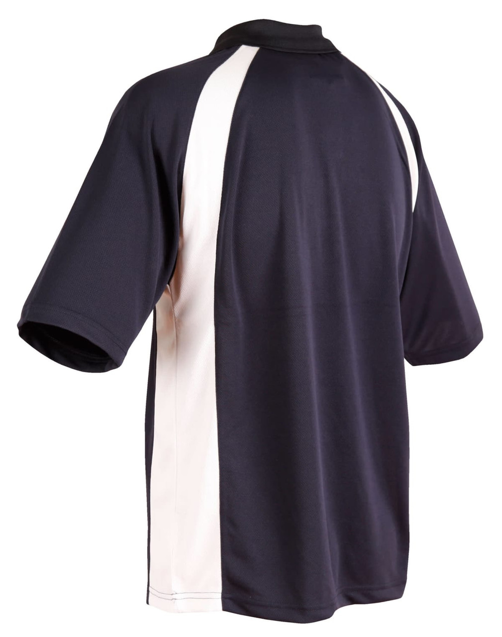 A navy blue polo shirt with white panels on the sides, featuring a collar and short sleeves. It has a logo.