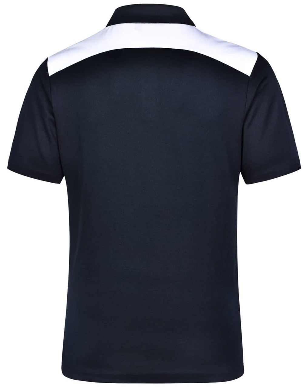 A black polo shirt featuring a white panel on the back. It has a collar and is designed for men.