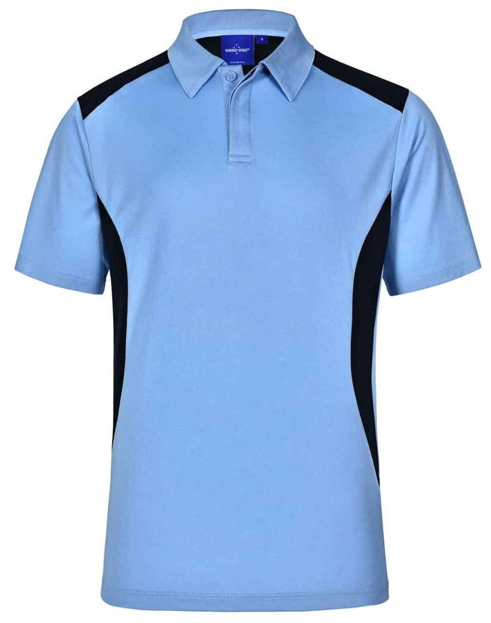Light blue polo shirt with black side panels and a classic collar. Features a branding logo on the chest.
