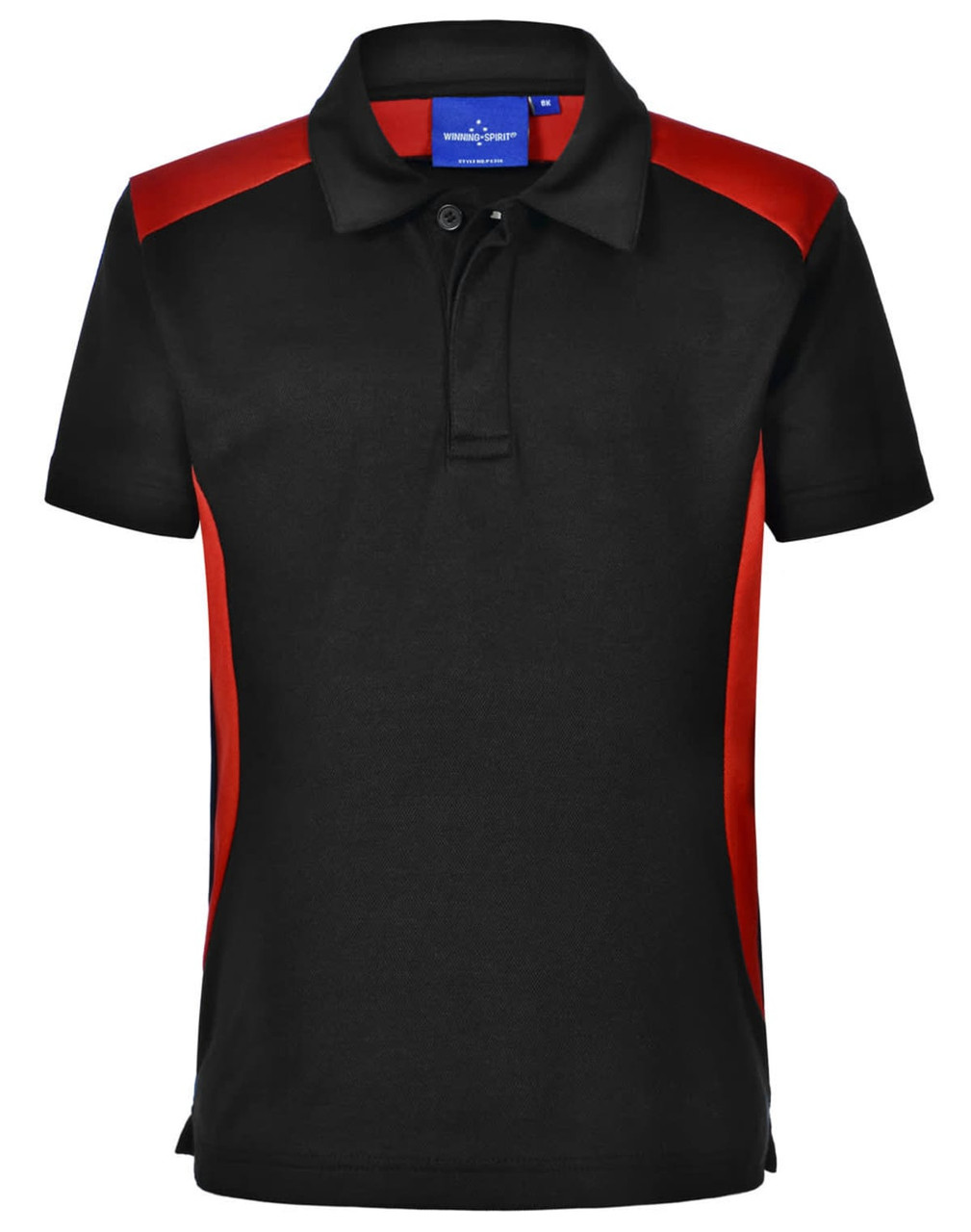 A black polo shirt featuring red side panels and a collar, with a logo on the chest.