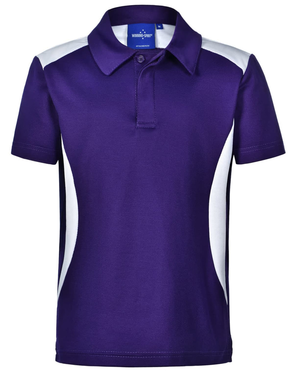 A purple children's polo shirt featuring white accents and a collar, with a logo on the inner label.