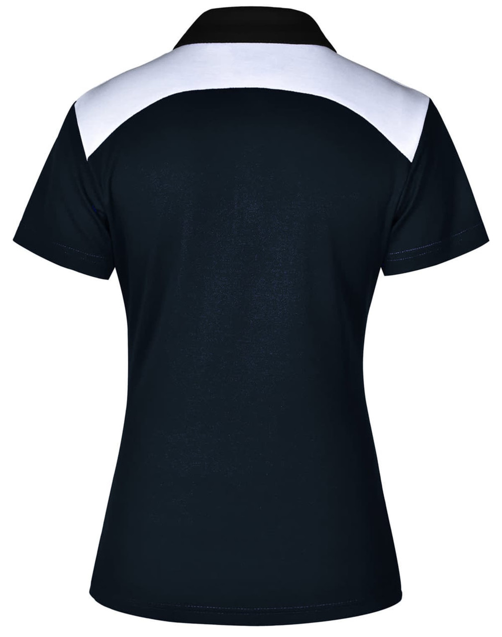 A black and white ladies' polo shirt with a contrasting collar and back design, featuring a logo.