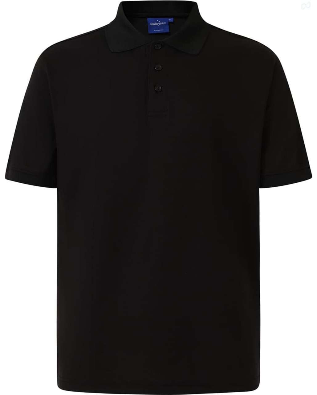 A black men's polo shirt featuring a collar, short sleeves, and a button placket. It has a logo on it.