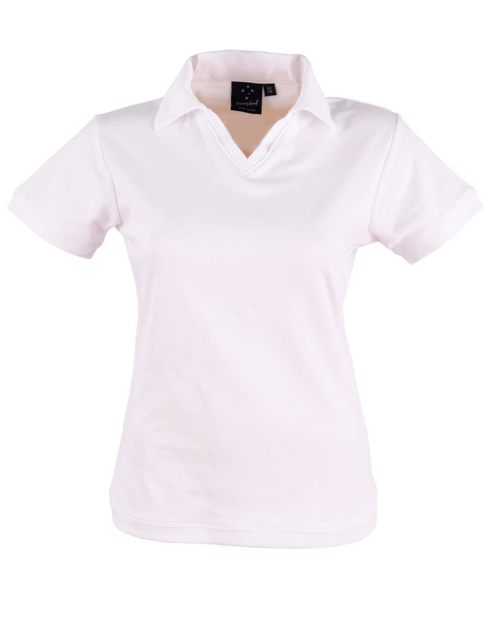 A white ladies' polo shirt with a collar and short sleeves, featuring a logo on the label.