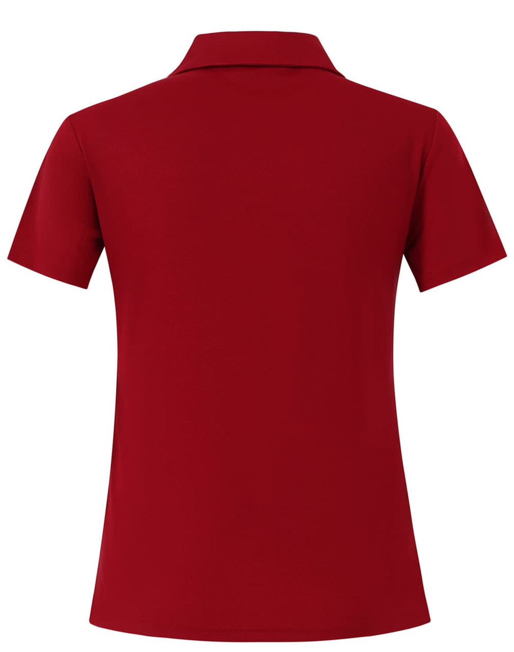 A maroon short sleeve polo shirt with a collar and a logo on the back.