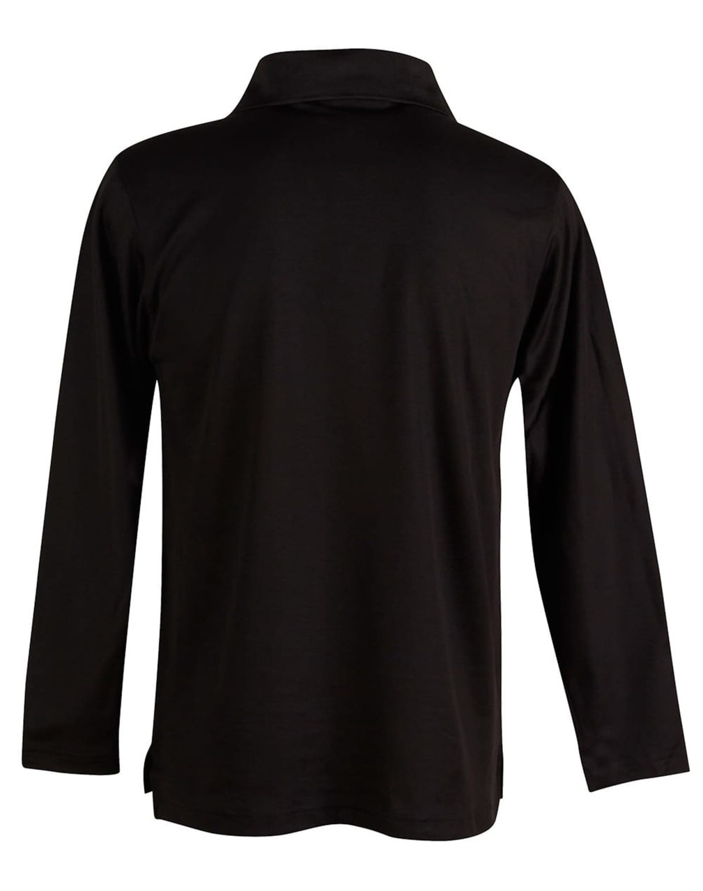 A black long sleeve polo shirt with a collar and a back view. It features a logo.