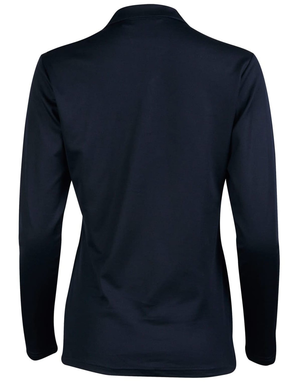 A navy long sleeve polo shirt featuring a smooth back design and a collar. It includes a logo detail.
