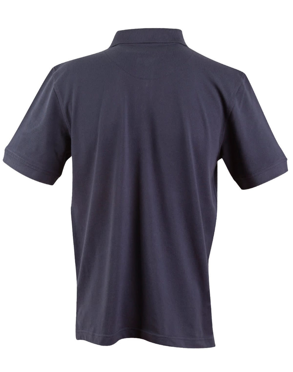 A navy blue men's polo shirt with a classic collar and short sleeves, featuring a logo on the back.